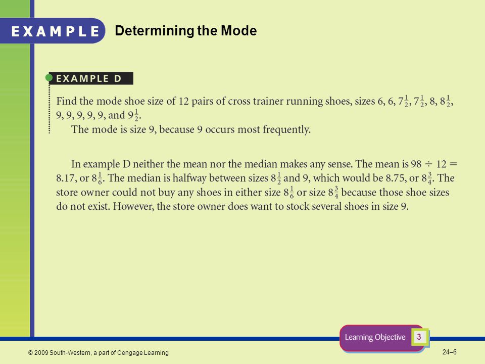 24–6 © 2009 South-Western, a part of Cengage Learning Determining the Mode 3 E X A M P L E