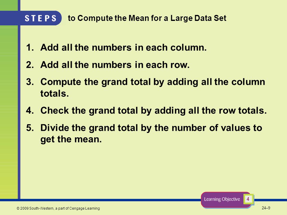 24–9 © 2009 South-Western, a part of Cengage Learning to Compute the Mean for a Large Data Set 1.Add all the numbers in each column.