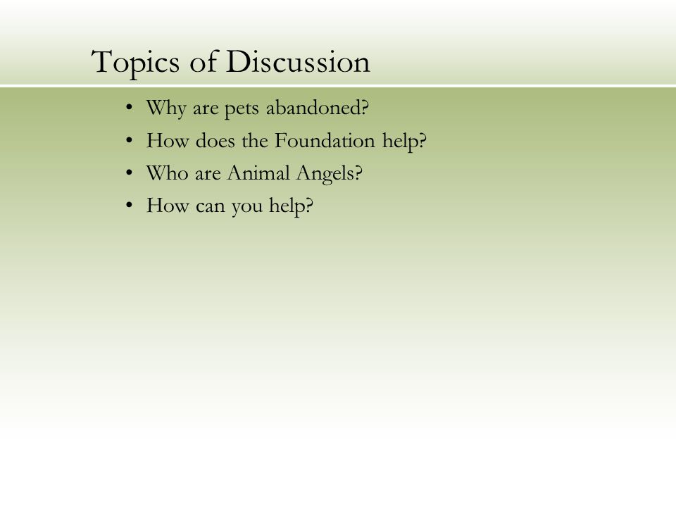 Topics of Discussion Why are pets abandoned. How does the Foundation help.
