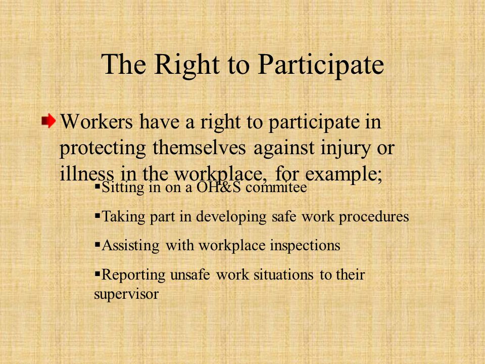 The Right to Participate Workers have a right to participate in protecting themselves against injury or illness in the workplace, for example;  Sitting in on a OH&S commitee  Taking part in developing safe work procedures  Assisting with workplace inspections  Reporting unsafe work situations to their supervisor