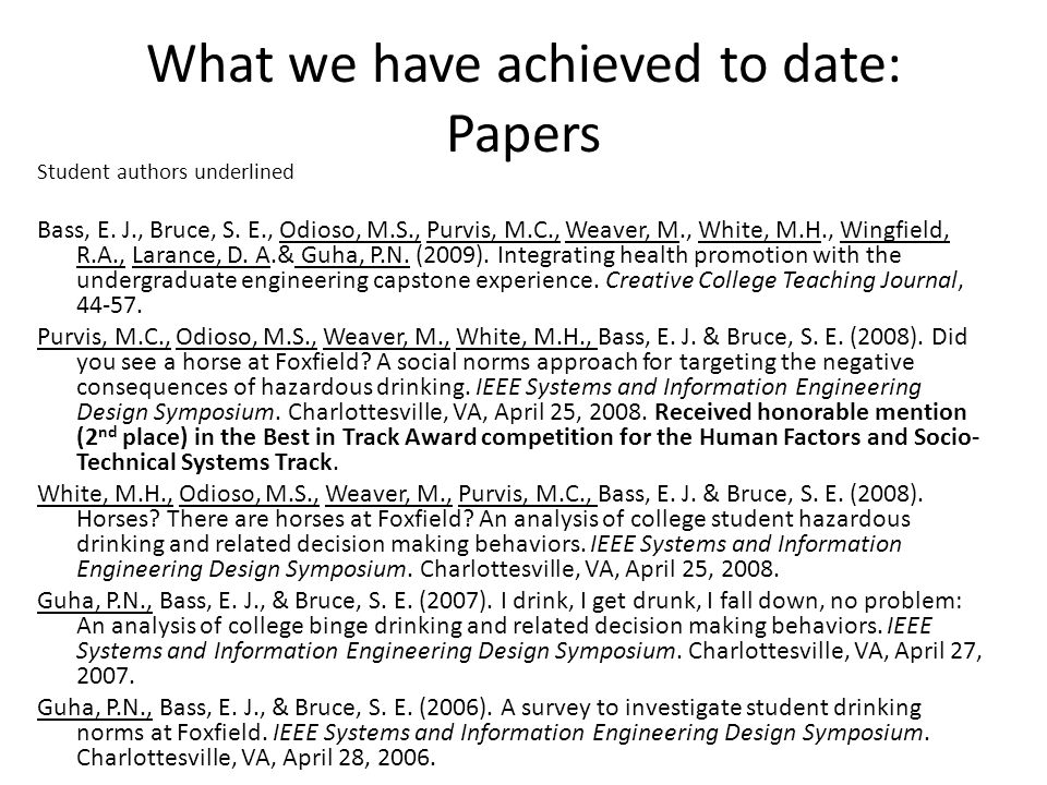 What we have achieved to date: Papers Student authors underlined Bass, E.