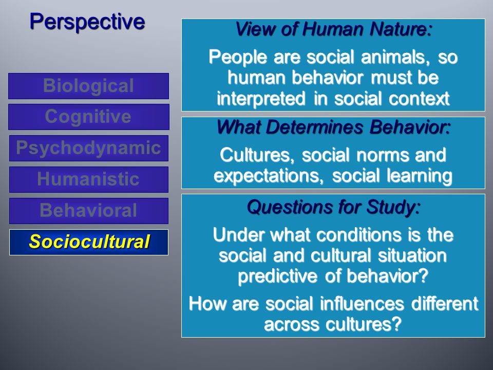 View of Human Nature: People are social animals, so human behavior must be interpreted in social context Perspective What Determines Behavior: Cultures, social norms and expectations, social learning Questions for Study: Under what conditions is the social and cultural situation predictive of behavior.