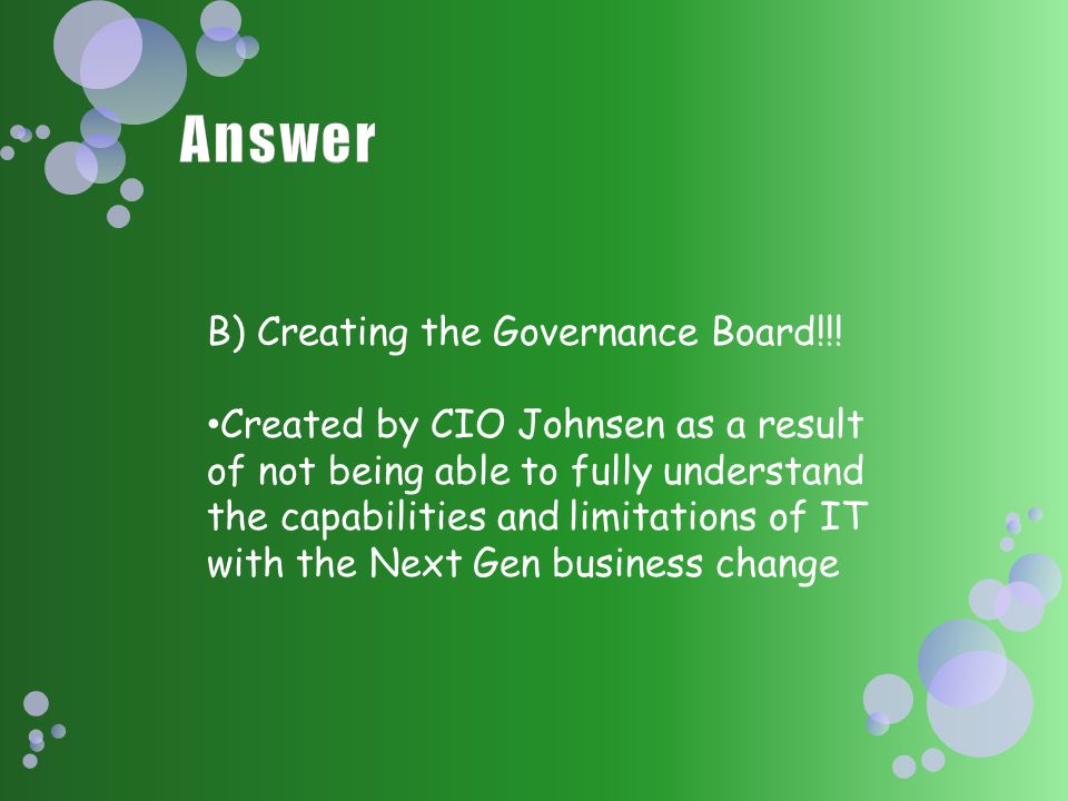 B) Creating the Governance Board!!.