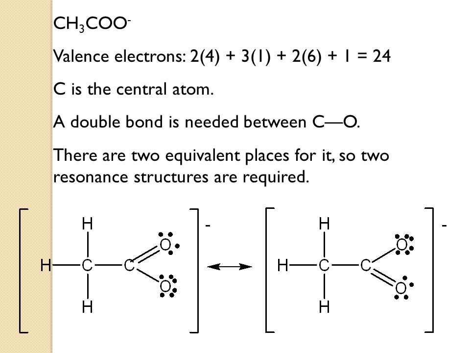 CH 3 COO - Valence electrons: 2(4) + 3(1) + 2(6) + 1 = 24 C is the central ...