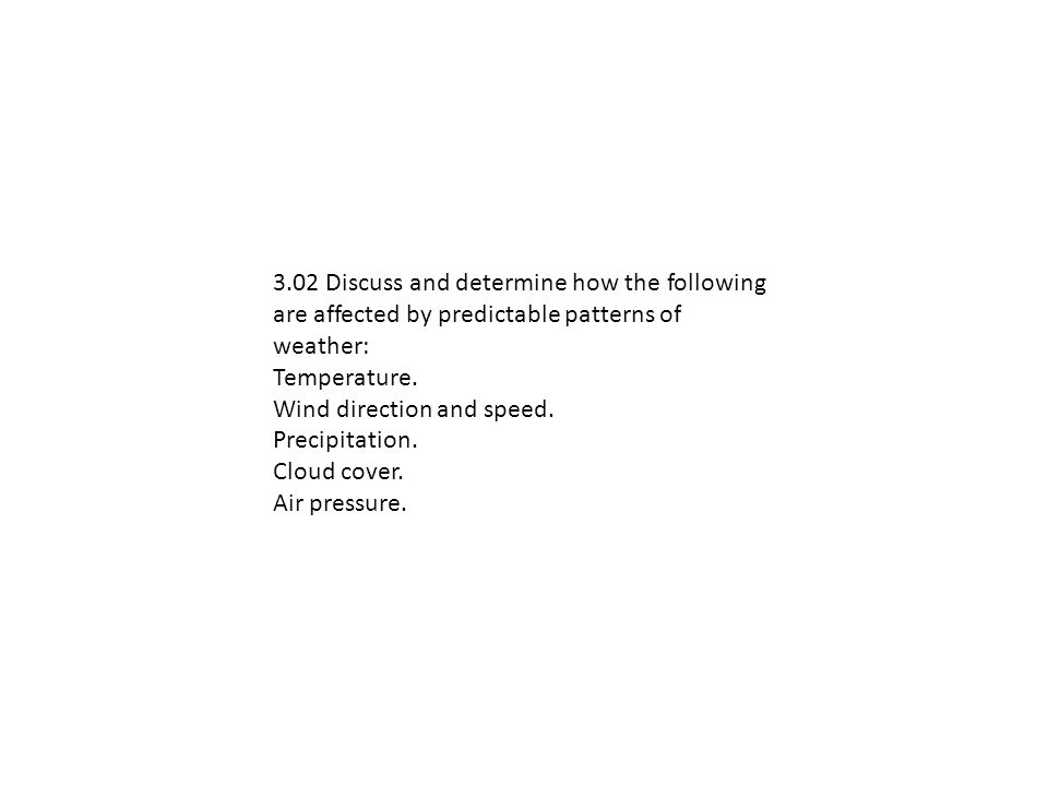 3.02 Discuss and determine how the following are affected by predictable patterns of weather: Temperature.