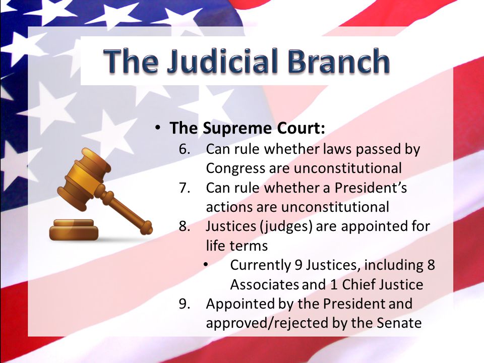 The Supreme Court: 1.Highest court in the United States 2.Decisions are absolute and final Surpass all other laws or court decisions in the US 3.Interprets the meaning of the US Constitution and reviews laws 4.Decides on cases involving state’s rights Includes The Supreme Court
