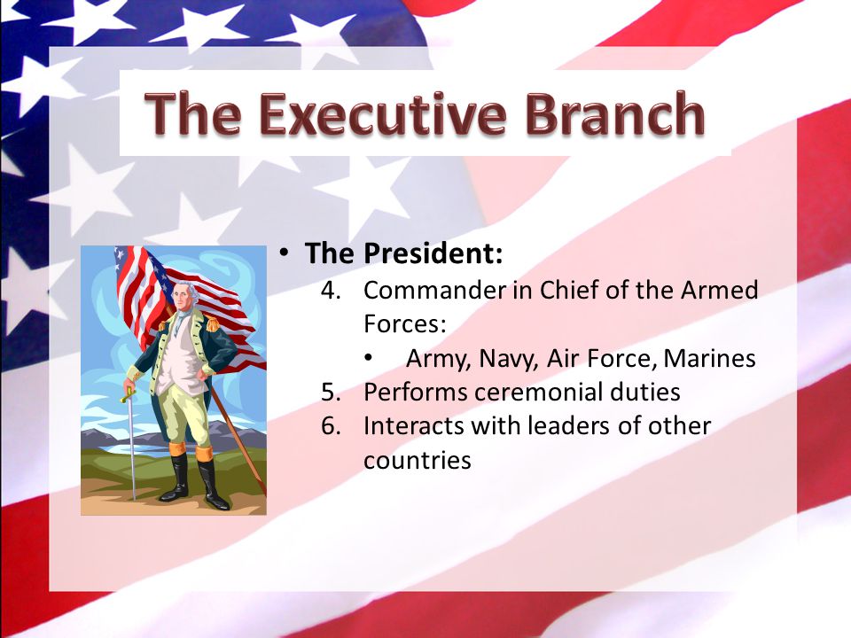 The President: 1.Head of the Executive Branch Manager of the federal govt.