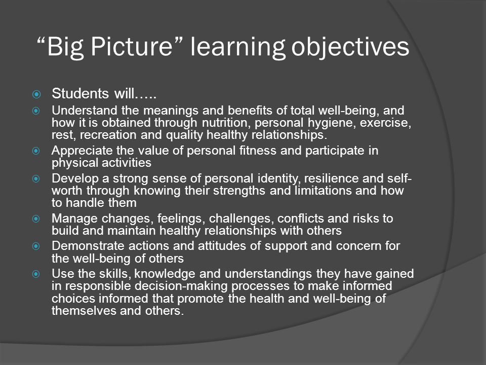 Big Picture learning objectives  Students will…..