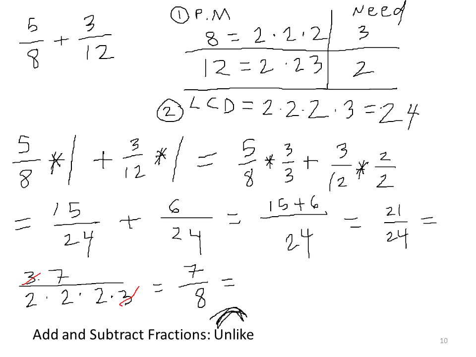 Add and Subtract Fractions: Unlike 10