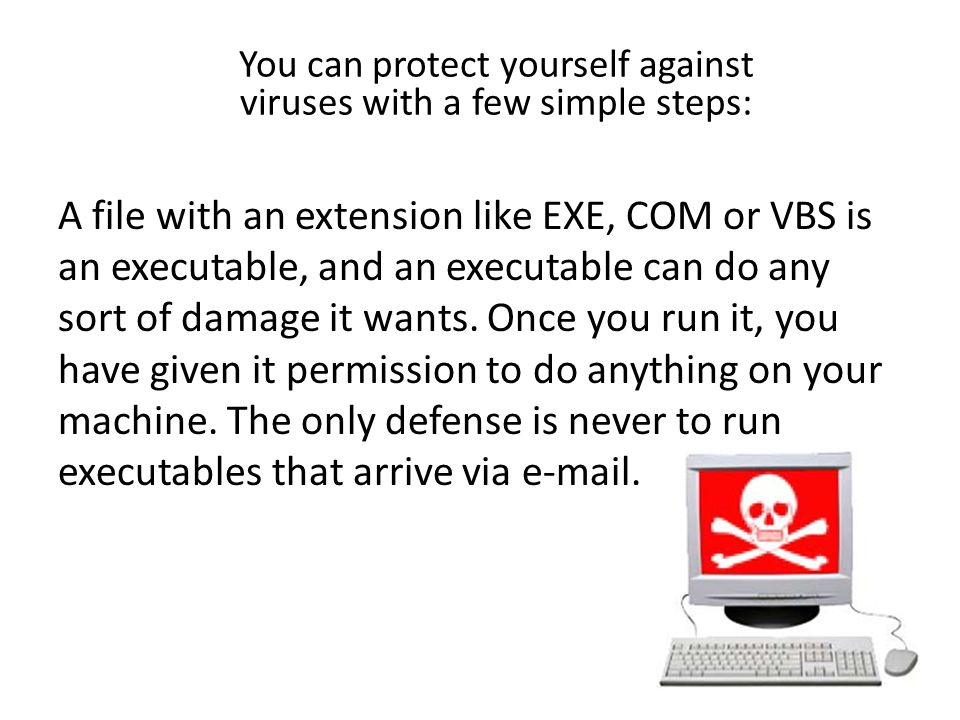 A file with an extension like EXE, COM or VBS is an executable, and an executable can do any sort of damage it wants.
