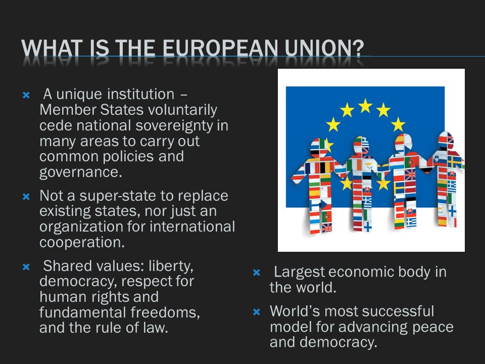  A unique institution – Member States voluntarily cede national sovereignty in many areas to carry out common policies and governance.