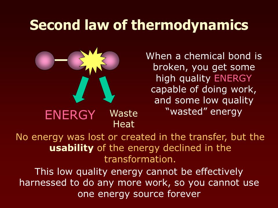 Second law of thermodynamics ENERGY Waste Heat When a chemical bond is broken, you get some high quality ENERGY capable of doing work, and some low quality wasted energy No energy was lost or created in the transfer, but the usability of the energy declined in the transformation.