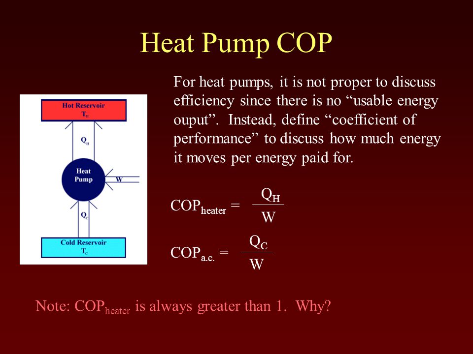 Heat Pump COP For heat pumps, it is not proper to discuss efficiency since there is no usable energy ouput .