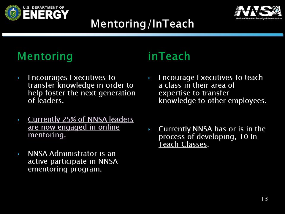 Mentoring/InTeach Mentoring ‣Encourages Executives to transfer knowledge in order to help foster the next generation of leaders.