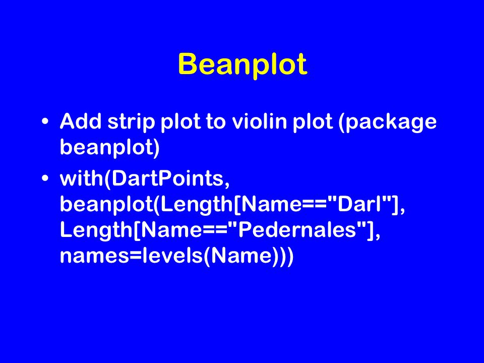 Beanplot Add strip plot to violin plot (package beanplot) with(DartPoints, beanplot(Length[Name== Darl ], Length[Name== Pedernales ], names=levels(Name)))