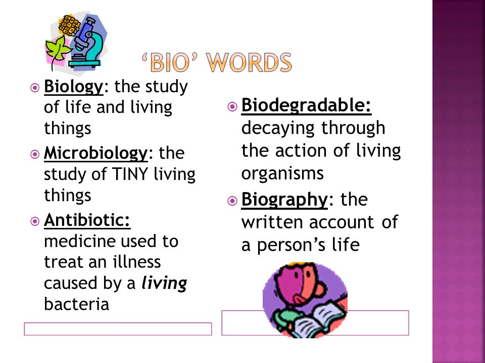  Biology: the study of life and living things  Microbiology: the study of TINY living things  Antibiotic: medicine used to treat an illness caused by a living bacteria  Biodegradable: decaying through the action of living organisms  Biography: the written account of a person’s life