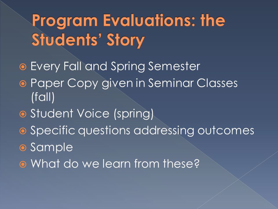  Every Fall and Spring Semester  Paper Copy given in Seminar Classes (fall)  Student Voice (spring)  Specific questions addressing outcomes  Sample  What do we learn from these