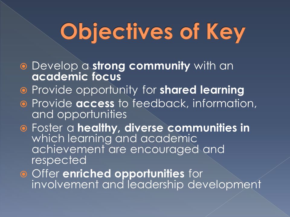  Develop a strong community with an academic focus  Provide opportunity for shared learning  Provide access to feedback, information, and opportunities  Foster a healthy, diverse communities in which learning and academic achievement are encouraged and respected  Offer enriched opportunities for involvement and leadership development