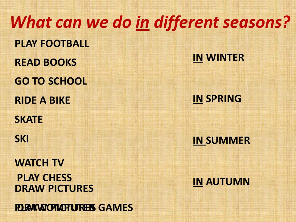 In summer we can. What can we do in different Seasons. What can you do in Spring. What can we do in autumn. What can we do in Winter.