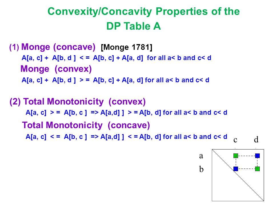 Convexity/Concavity Properties of the DP Table A (1 ) Monge (concave) [Monge 1781] A[a, c] + A[b, d ] < = A[b, c] + A[a, d] for all a< b and c< d Monge (convex) A[a, c] + A[b, d ] > = A[b, c] + A[a, d] for all a< b and c< d (2) Total Monotonicity (convex) A[a, c] > = A[b, c ] => A[a,d] ] > = A[b, d] for all a< b and c< d Total Monotonicity (concave) A[a, c] A[a,d] ] < = A[b, d] for all a< b and c< d a b cd