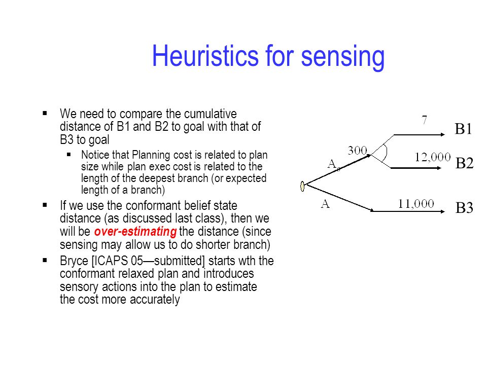 Heuristics for sensing  We need to compare the cumulative distance of B1 and B2 to goal with that of B3 to goal  Notice that Planning cost is related to plan size while plan exec cost is related to the length of the deepest branch (or expected length of a branch)  If we use the conformant belief state distance (as discussed last class), then we will be over-estimating the distance (since sensing may allow us to do shorter branch)  Bryce [ICAPS 05—submitted] starts wth the conformant relaxed plan and introduces sensory actions into the plan to estimate the cost more accurately B1 B2 B3