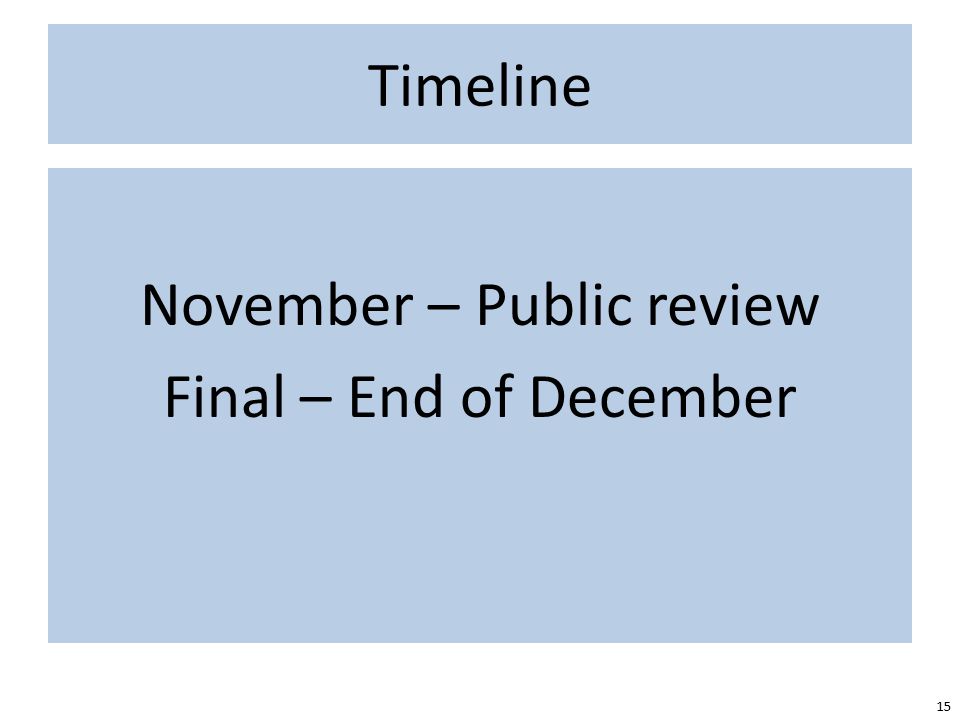 Timeline 15 November – Public review Final – End of December