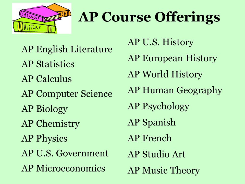 AP Course Offerings AP English Literature AP Statistics AP Calculus AP Computer Science AP Biology AP Chemistry AP Physics AP U.S.