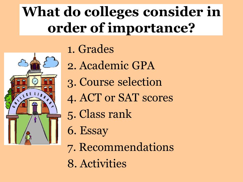 1. Grades 2. Academic GPA 3. Course selection What do colleges consider in order of importance.