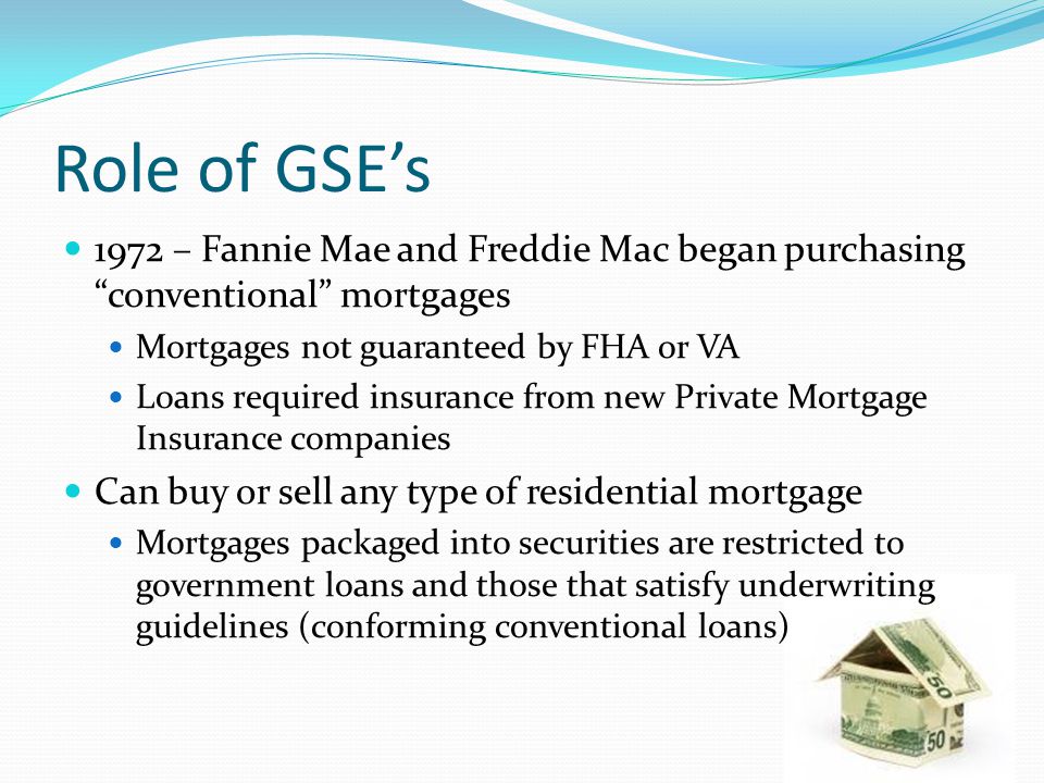 Role of GSE’s 1972 – Fannie Mae and Freddie Mac began purchasing conventional mortgages Mortgages not guaranteed by FHA or VA Loans required insurance from new Private Mortgage Insurance companies Can buy or sell any type of residential mortgage Mortgages packaged into securities are restricted to government loans and those that satisfy underwriting guidelines (conforming conventional loans)