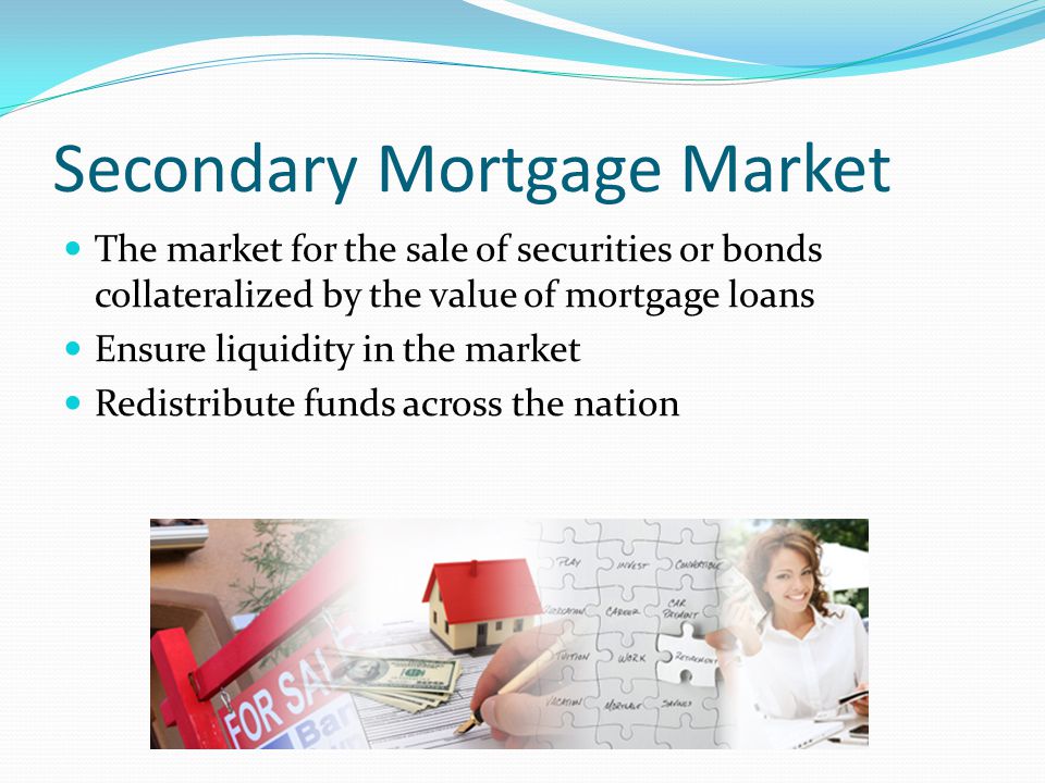 Secondary Mortgage Market The market for the sale of securities or bonds collateralized by the value of mortgage loans Ensure liquidity in the market Redistribute funds across the nation