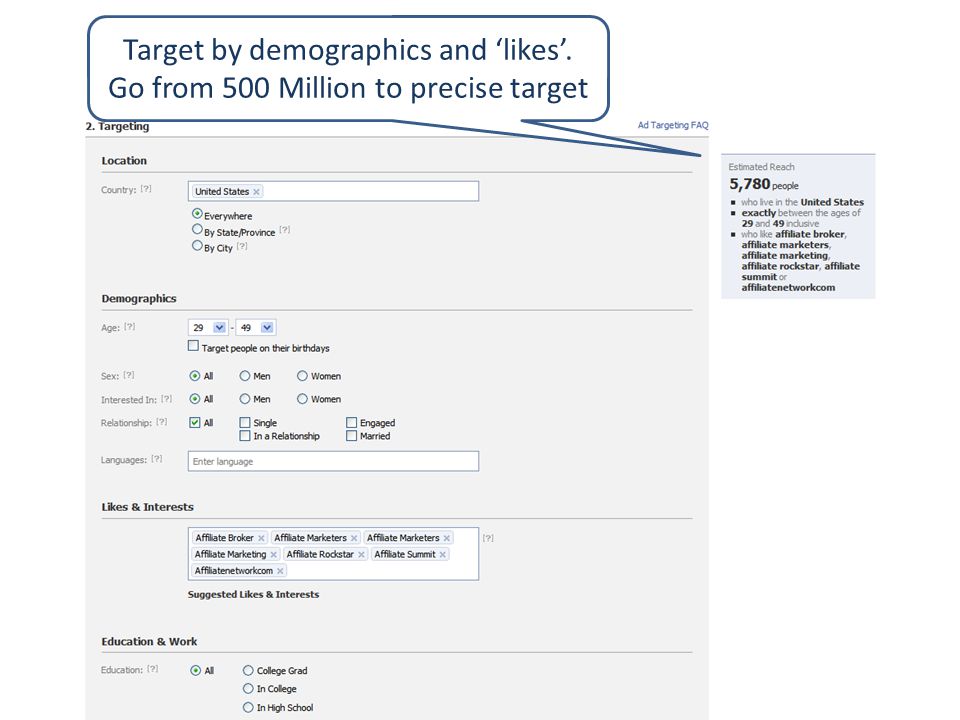 Target by demographics and ‘likes’. Go from 500 Million to precise target