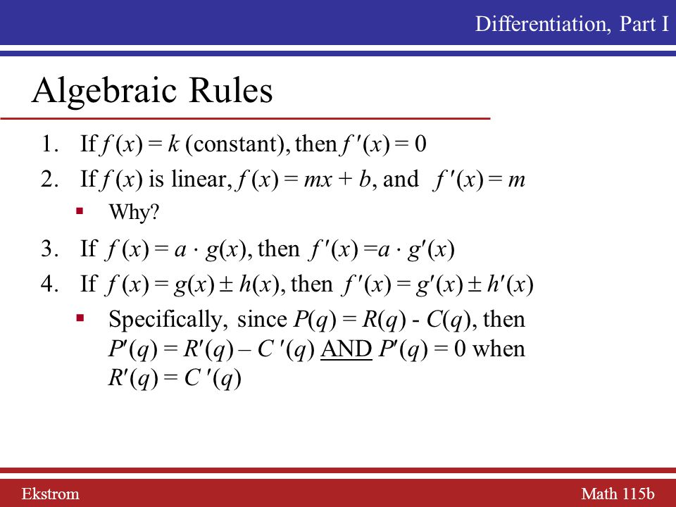 Ekstrom Math 115b Mathematics For Business Decisions Part Ii Differentiation Math 115b Ppt Download