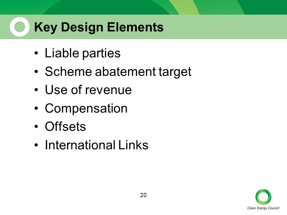 20 Key Design Elements Liable parties Scheme abatement target Use of revenue Compensation Offsets International Links
