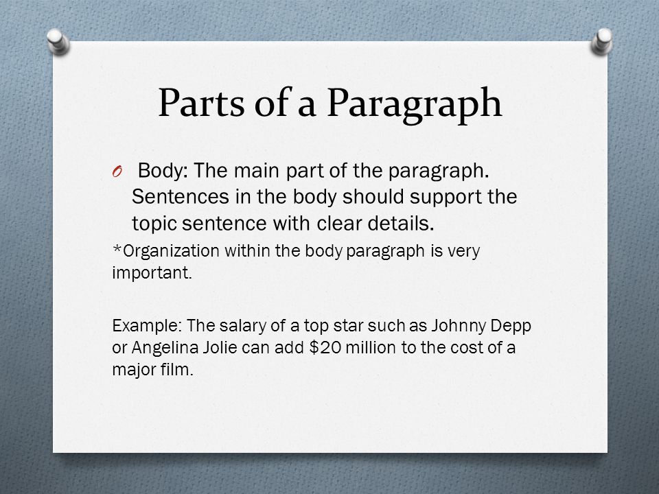 Parts of a Paragraph O Body: The main part of the paragraph.