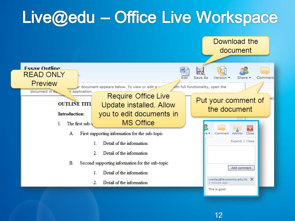 12 READ ONLY Preview Require Office Live Update installed.