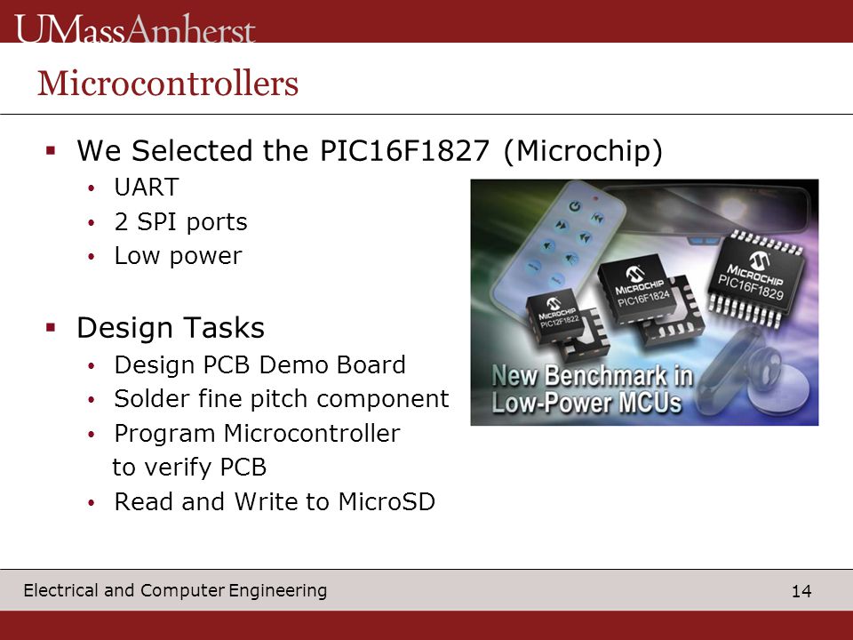 14 Electrical and Computer Engineering Microcontrollers  We Selected the PIC16F1827 (Microchip) UART 2 SPI ports Low power  Design Tasks Design PCB Demo Board Solder fine pitch component Program Microcontroller to verify PCB Read and Write to MicroSD