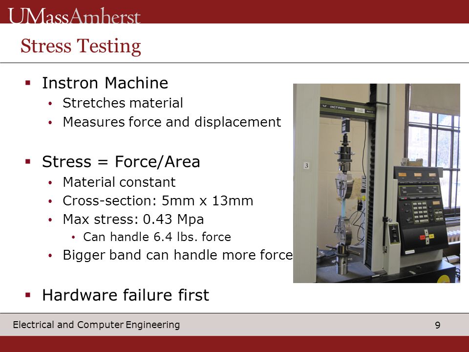 9 Electrical and Computer Engineering Stress Testing  Instron Machine Stretches material Measures force and displacement  Stress = Force/Area Material constant Cross-section: 5mm x 13mm Max stress: 0.43 Mpa Can handle 6.4 lbs.