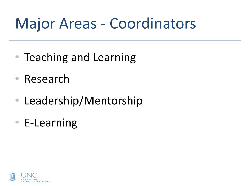 Major Areas - Coordinators Teaching and Learning Research Leadership/Mentorship E-Learning