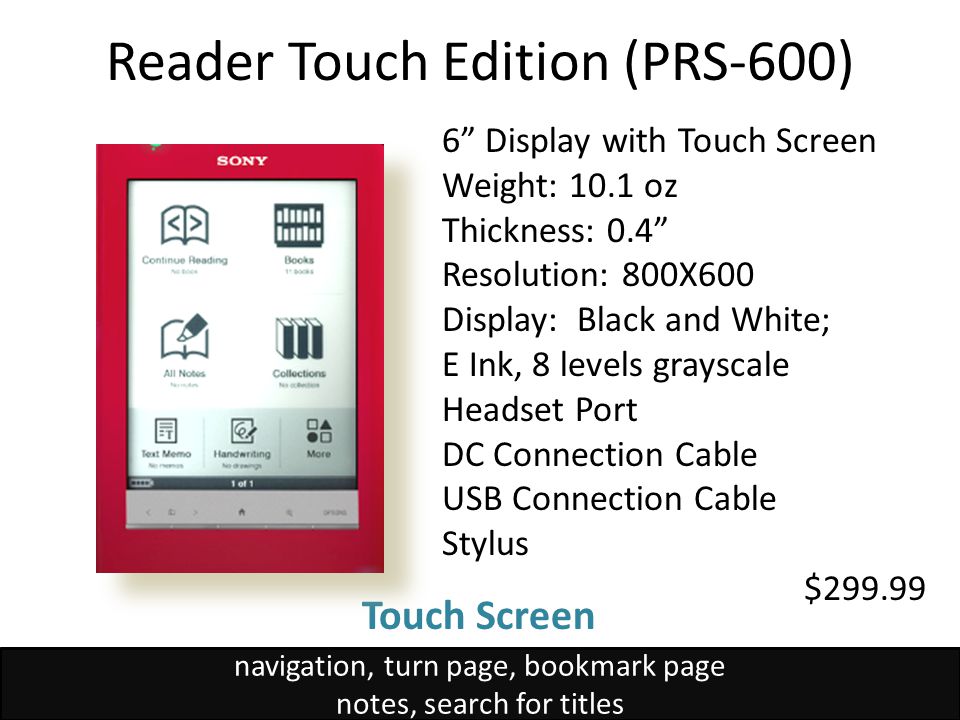 Reader Touch Edition (PRS-600) 6 Display with Touch Screen Weight: 10.1 oz Thickness: 0.4 Resolution: 800X600 Display: Black and White; E Ink, 8 levels grayscale Headset Port DC Connection Cable USB Connection Cable Stylus $ navigation, turn page, bookmark page notes, search for titles Touch Screen