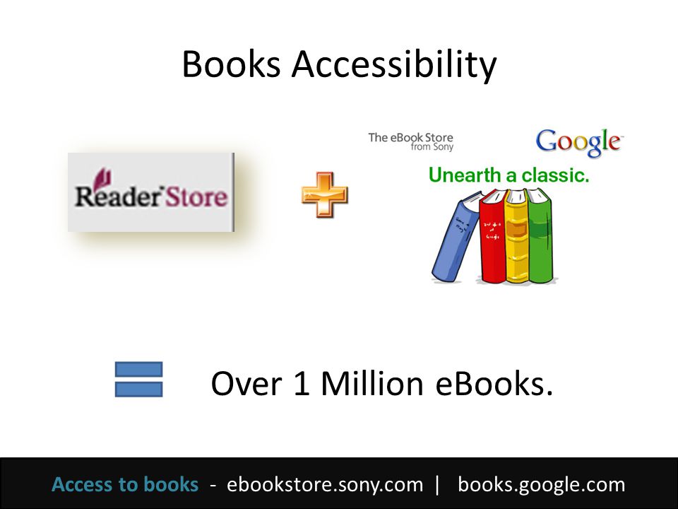 Books Accessibility Access to books - ebookstore.sony.com | books.google.com Over 1 Million eBooks.