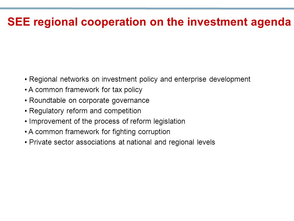 Regional networks on investment policy and enterprise development A common framework for tax policy Roundtable on corporate governance Regulatory reform and competition Improvement of the process of reform legislation A common framework for fighting corruption Private sector associations at national and regional levels SEE regional cooperation on the investment agenda