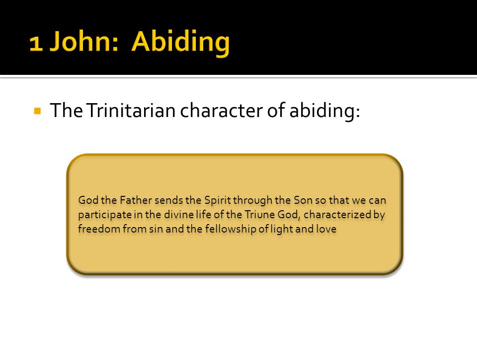  The Trinitarian character of abiding: God the Father sends the Spirit through the Son so that we can participate in the divine life of the Triune God, characterized by freedom from sin and the fellowship of light and love