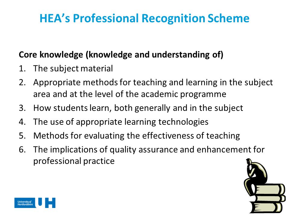 HEA’s Professional Recognition Scheme Core knowledge (knowledge and understanding of) 1.The subject material 2.Appropriate methods for teaching and learning in the subject area and at the level of the academic programme 3.How students learn, both generally and in the subject 4.The use of appropriate learning technologies 5.Methods for evaluating the effectiveness of teaching 6.The implications of quality assurance and enhancement for professional practice
