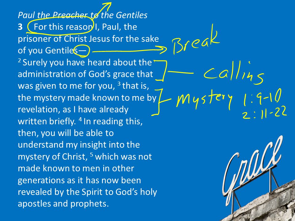 Paul the Preacher to the Gentiles 3 For this reason I, Paul, the prisoner of Christ Jesus for the sake of you Gentiles— 2 Surely you have heard about the administration of God’s grace that was given to me for you, 3 that is, the mystery made known to me by revelation, as I have already written briefly.