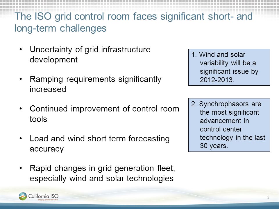 The ISO grid control room faces significant short- and long-term challenges Uncertainty of grid infrastructure development Ramping requirements significantly increased Continued improvement of control room tools Load and wind short term forecasting accuracy Rapid changes in grid generation fleet, especially wind and solar technologies 1.