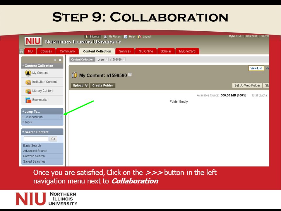 Step 9: Collaboration Once you are satisfied, Click on the >>> button in the left navigation menu next to Collaboration