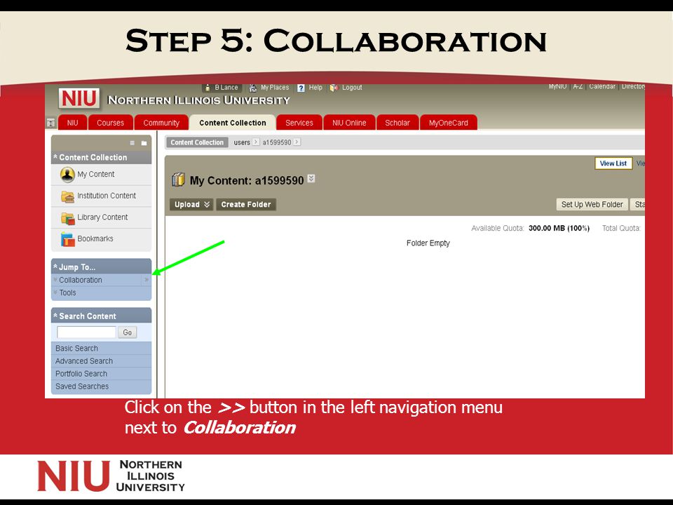 Step 5: Collaboration Click on the >> button in the left navigation menu next to Collaboration