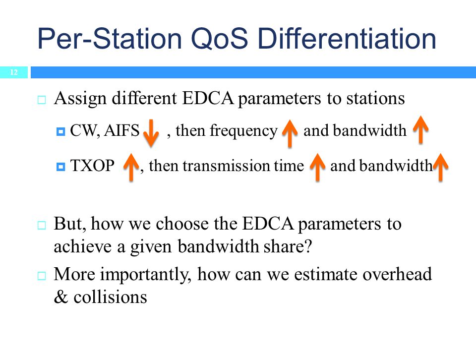 Per-Station QoS Differentiation 12  Assign different EDCA parameters to stations  CW, AIFS, then frequency and bandwidth  TXOP, then transmission time and bandwidth  But, how we choose the EDCA parameters to achieve a given bandwidth share.