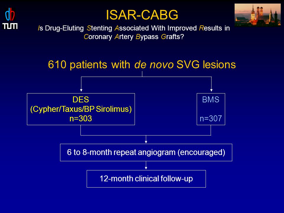 DES (Cypher/Taxus/BP Sirolimus) n=303 BMS n= patients with de novo SVG lesions Is Drug-Eluting Stenting Associated With Improved Results in Coronary Artery Bypass Grafts.
