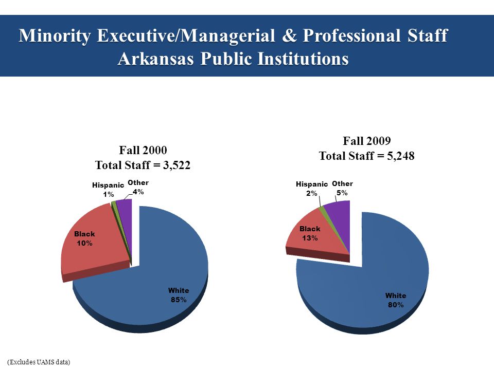 Minority Executive/Managerial & Professional Staff Arkansas Public Institutions Fall 2000 Total Staff = 3,522 Fall 2009 Total Staff = 5,248 (Excludes UAMS data)